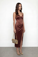 Sateen Spaghetti Strap Faux Wrap Maxi Dress