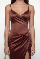 Sateen Spaghetti Strap Faux Wrap Maxi Dress