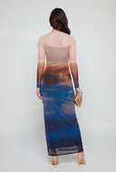 Patterned Mesh Overlay Long Sleeve Dress
