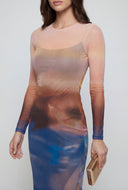 Patterned Mesh Overlay Long Sleeve Dress