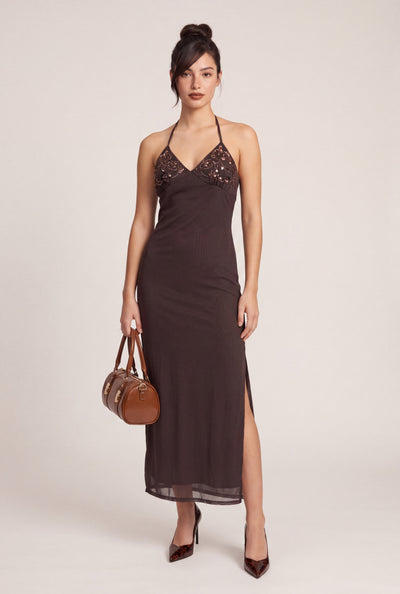 Sequin Mesh Halter Maxi Dress