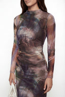 Rosa Floral Mesh Ruched Midi Bodycon Dress