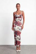 Floral Mesh Cowl Neck Maxi Dress