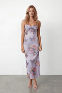 Floral Mesh Cowl Neck Maxi Dress