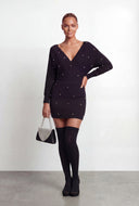 Faux Pearl Plunge Mini Sweater Dress