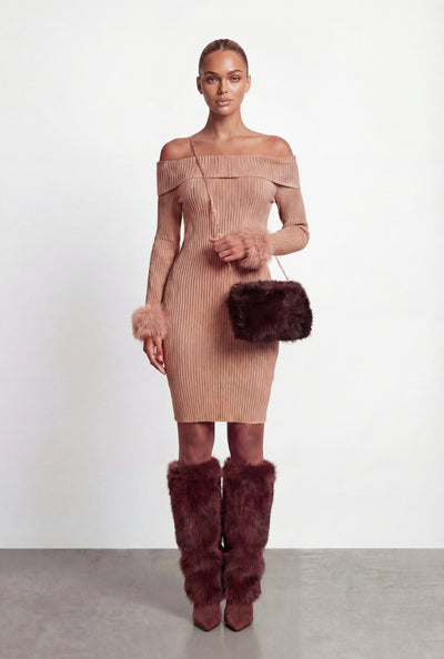 Lylah Faux Fur Cuff Off the Shoulder Dress