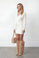 Adelina Belted Faux Wrap Sweater Dress