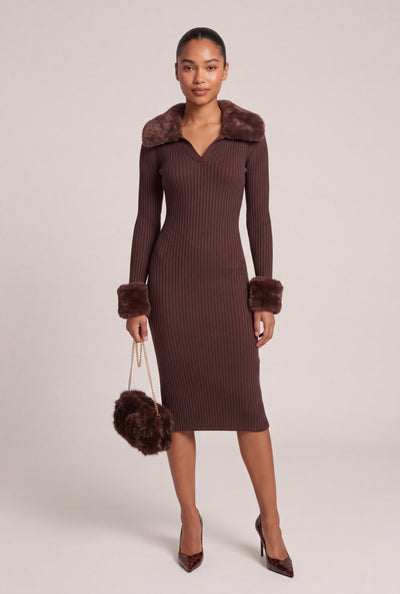 Faux Fur Trim Midi Dress