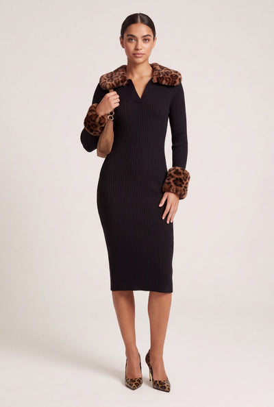 Faux Fur Trim Sweater Dress