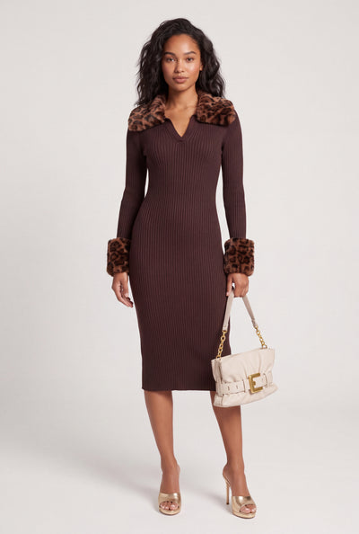Faux Fur Trim Sweater Dress