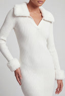 Faux Fur Trim Rib Knit Midi Dress