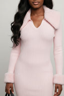 Faux Fur Trim Rib Knit Midi Dress