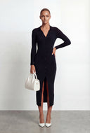 Collared Rib Knit V-Neck Midi Dress