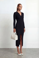 Collared Rib Knit V-Neck Midi Dress