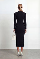 Collared Rib Knit V-Neck Midi Dress