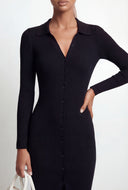 Collared Rib Knit V-Neck Midi Dress