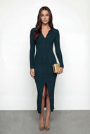 Collared Rib Knit V-Neck Midi Dress