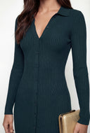Collared Rib Knit V-Neck Midi Dress