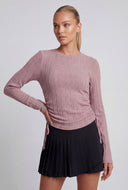 Drawstring Side Brushed Knit Ribbed Top