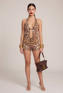 Leopard Sequin Plunge Halter Top