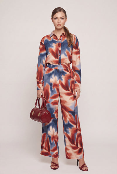Leaf Print Wide Leg Pants