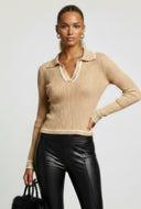 Kiera Contrast Rib Knit Polo Collar Sweater