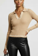 Kiera Contrast Rib Knit Polo Collar Sweater