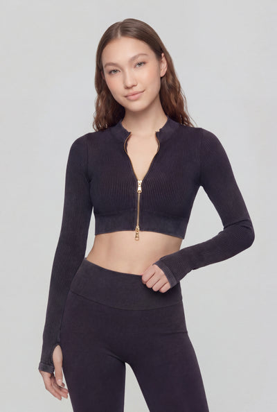 Ribbed Zip Up Cropped Track Jacket