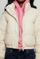 Kara Faux Leather Snap Button Puffer Jacket